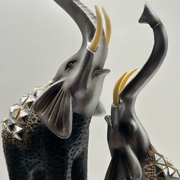 Vintage Mother & Baby Elephant Statue 17"x 7.5" Silver Gold-tone Metal & Wood - Picture 6 of 13